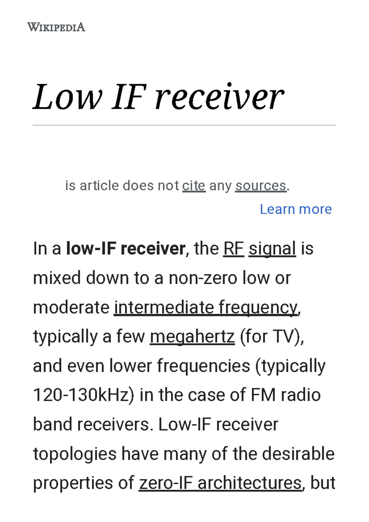 low-if-receiver-wikipedia-low-if-receiver-in-a-low-if-receiver-the-rf-signal-is-mixed-down