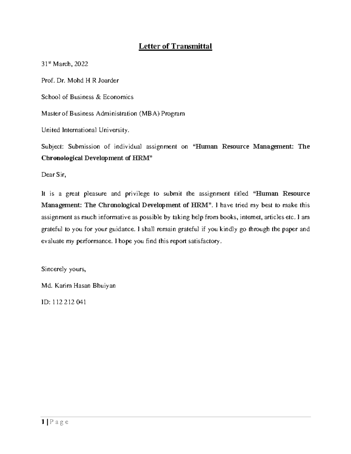 HRM Assignment - Letter of Transmittal 31 st March, 2022 Prof. Dr. Mohd ...