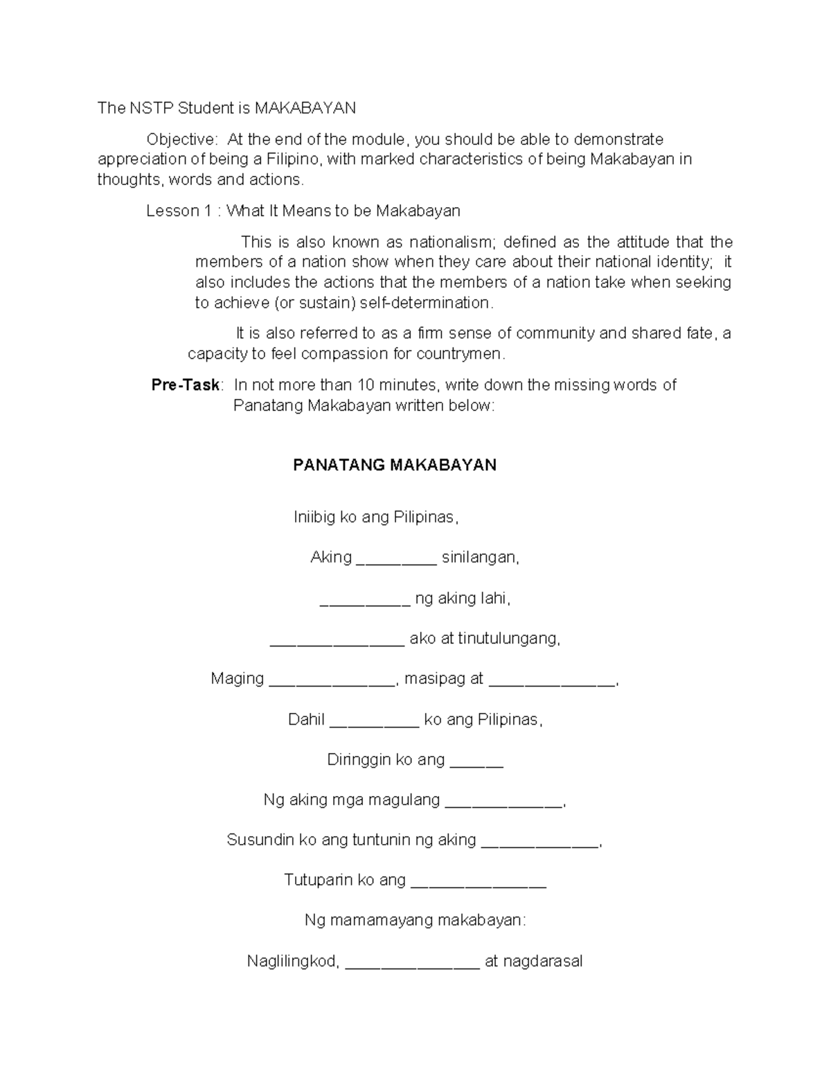 CWTS Module Study Guide - The NSTP Student is MAKABAYAN Objective: At ...