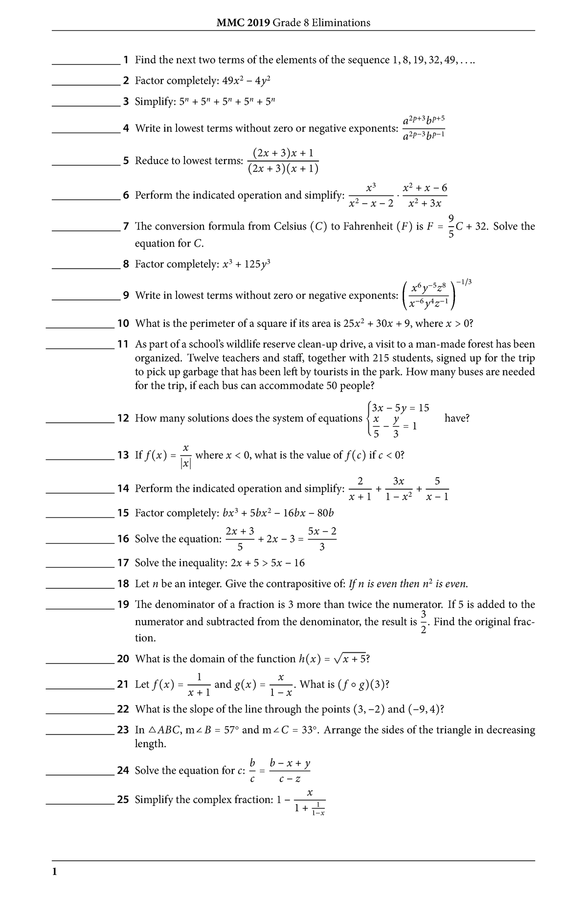 MMC 2019 Grade 8 Eliminations - With Answers - MMC 2019 Grade 8 ...