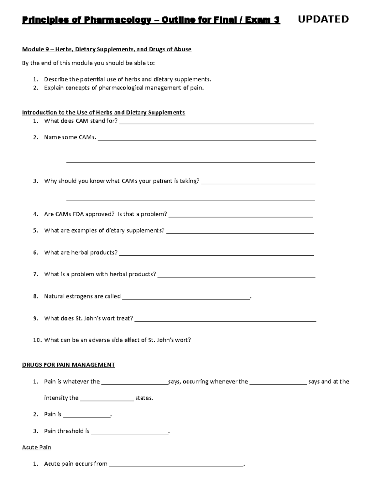 Principles of Pharmacology – Outline for final Exam Module 09 ...