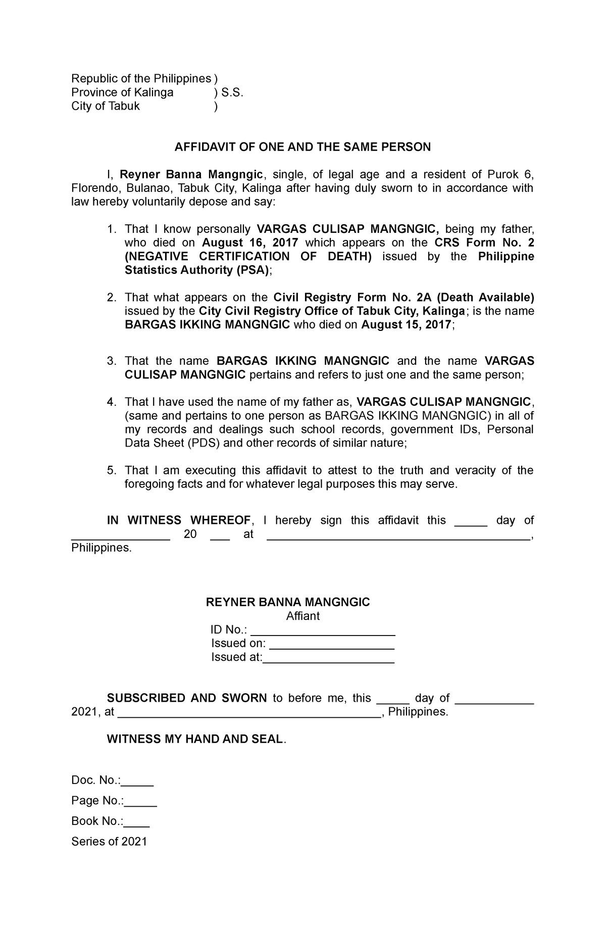 Affidavit Of Single Status Sample Philippines