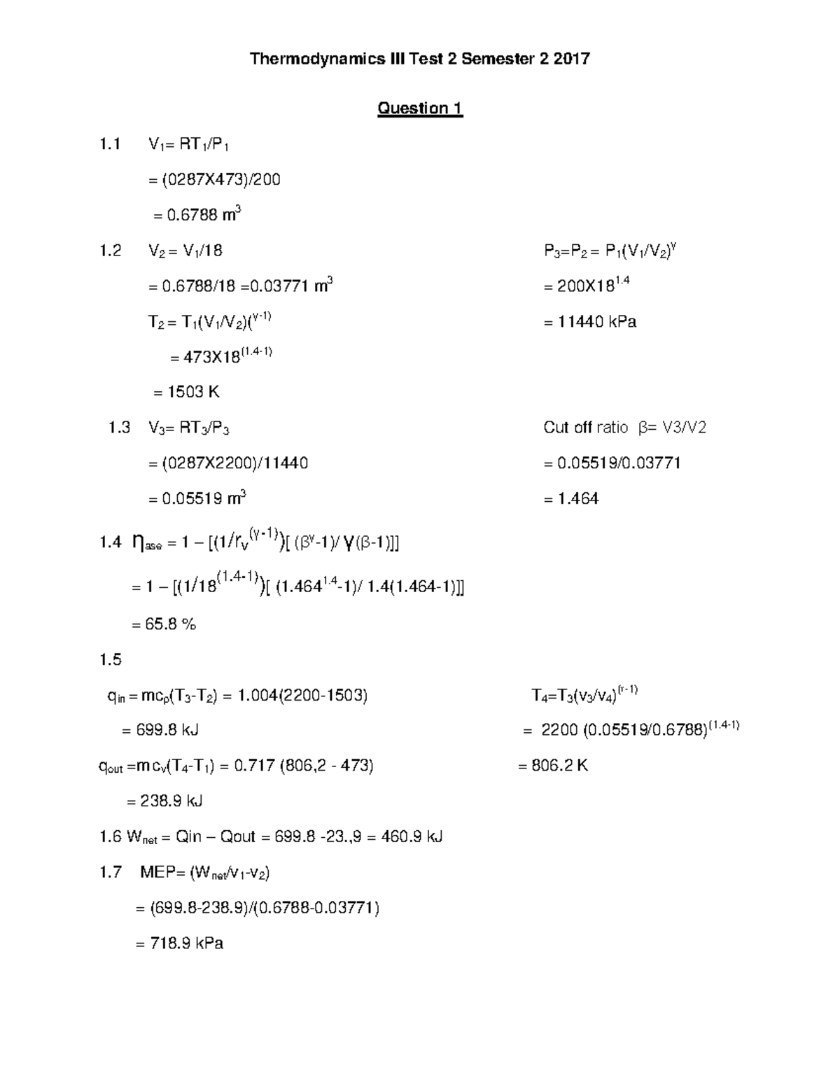 Test 2 2017, answers - Thermodynamics Test 2 Semester 2 2017 Question 1 ...