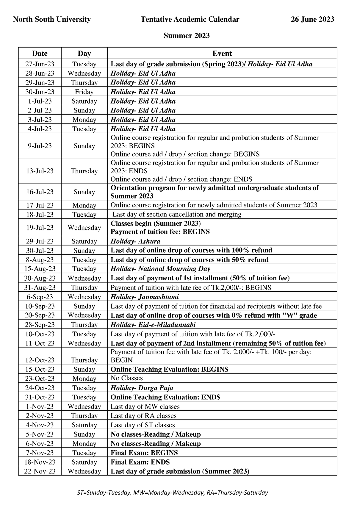 Tentative Academic Calendar Summer 2023 26 June 2023 Managerial