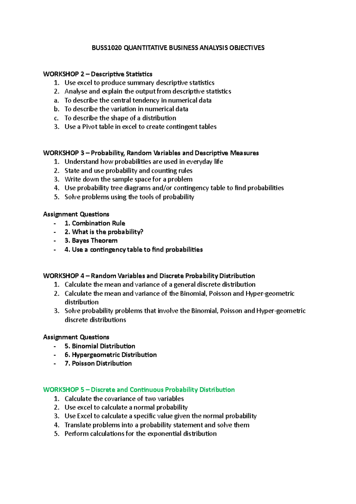 BUSS1020 Quantitative Business Analysis Objectives - BUSS1020 ...