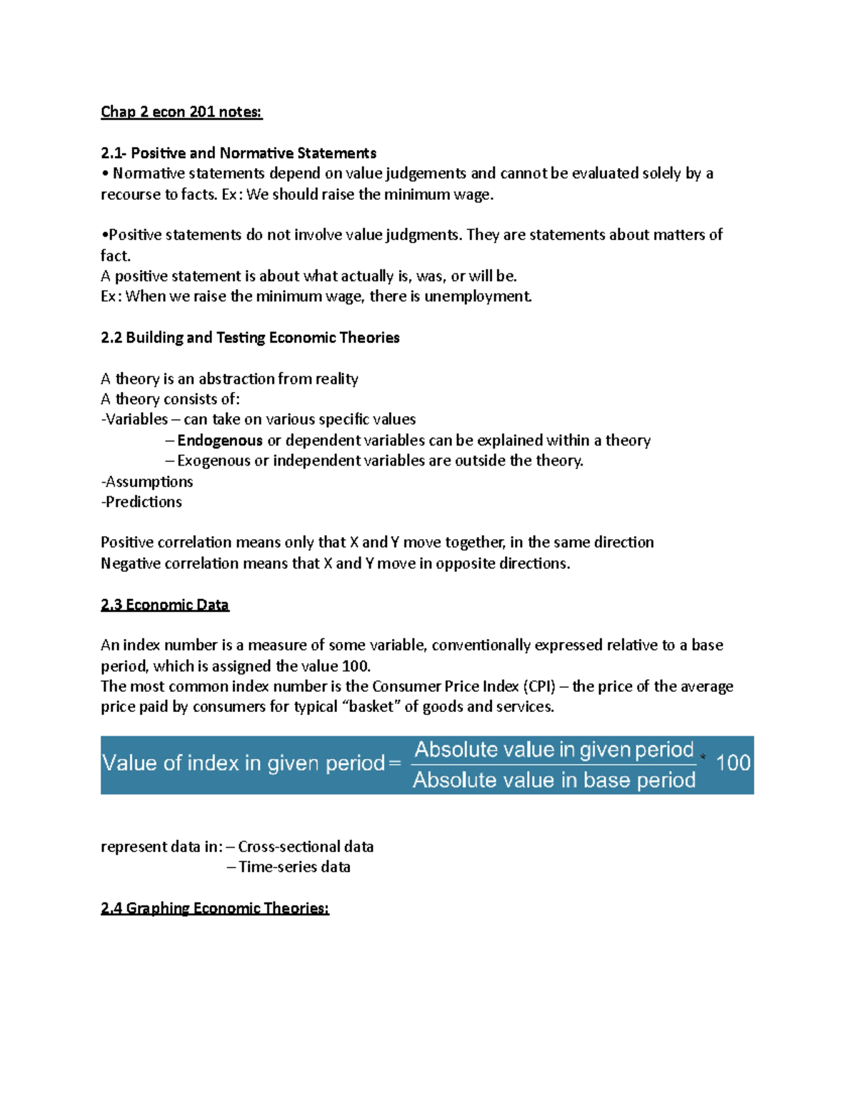 Chap 2 econ 201 notes - Chap 2 econ 201 notes: 2- Positive and ...