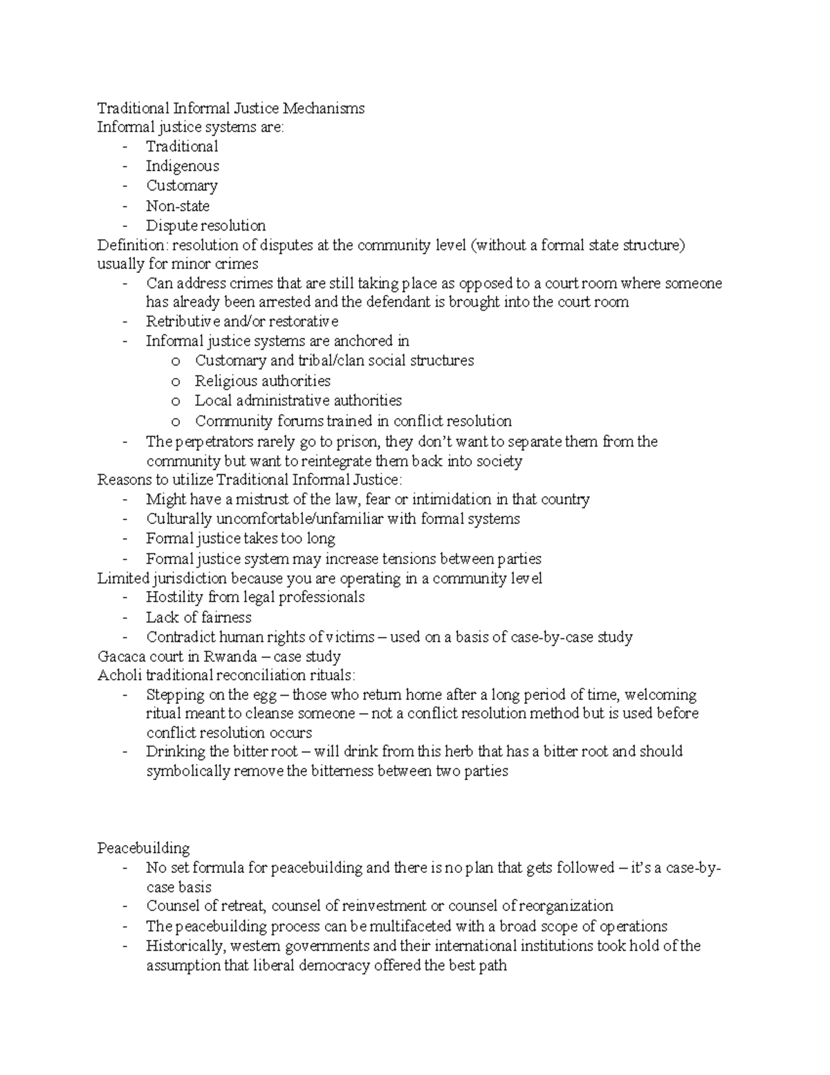 Traditional Informal Justice Mechanisms Traditional Informal Justice