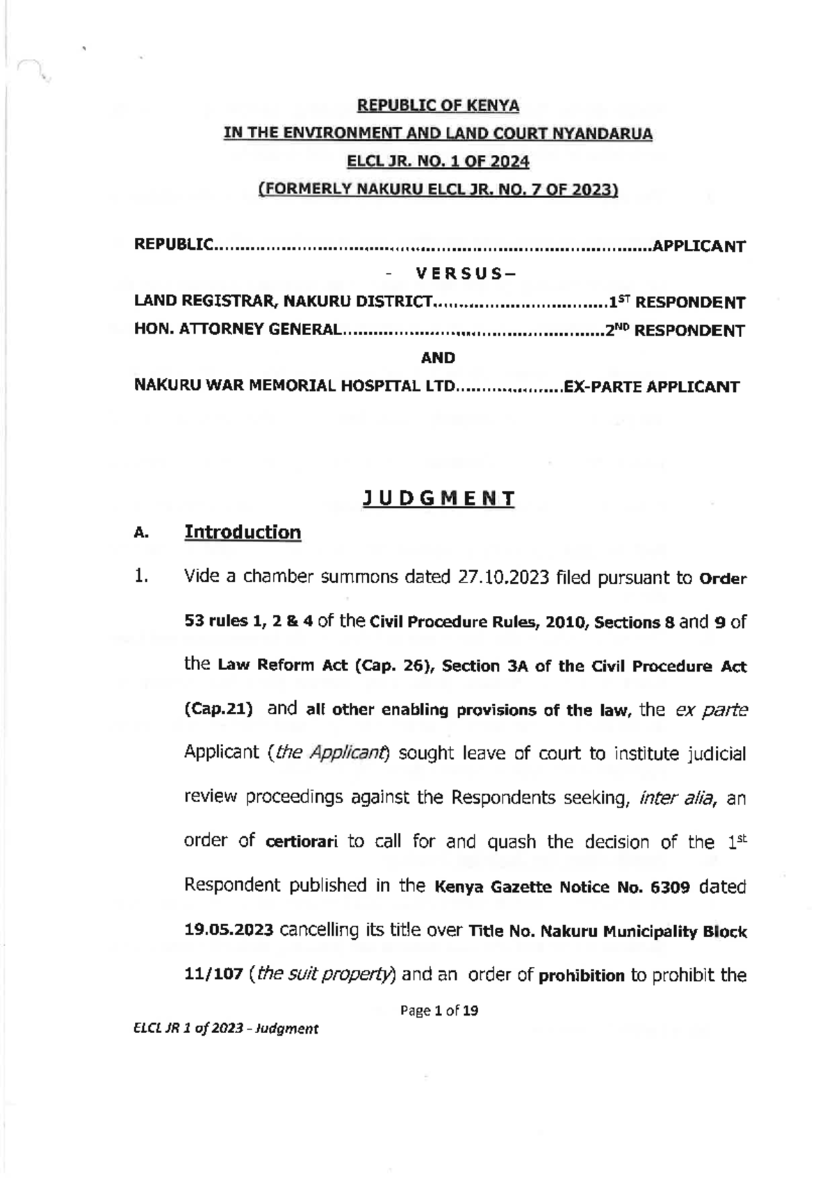R V LAND Registrar EX Parte Nakuru WAR Memorial Judgement JR - REPUBLIC ...