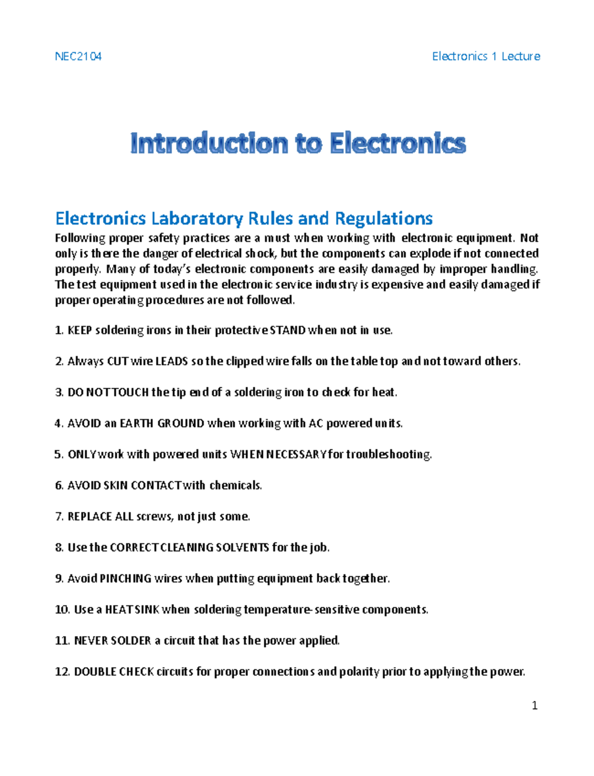 Introduction to Electronics Electronics Laboratory Rules and