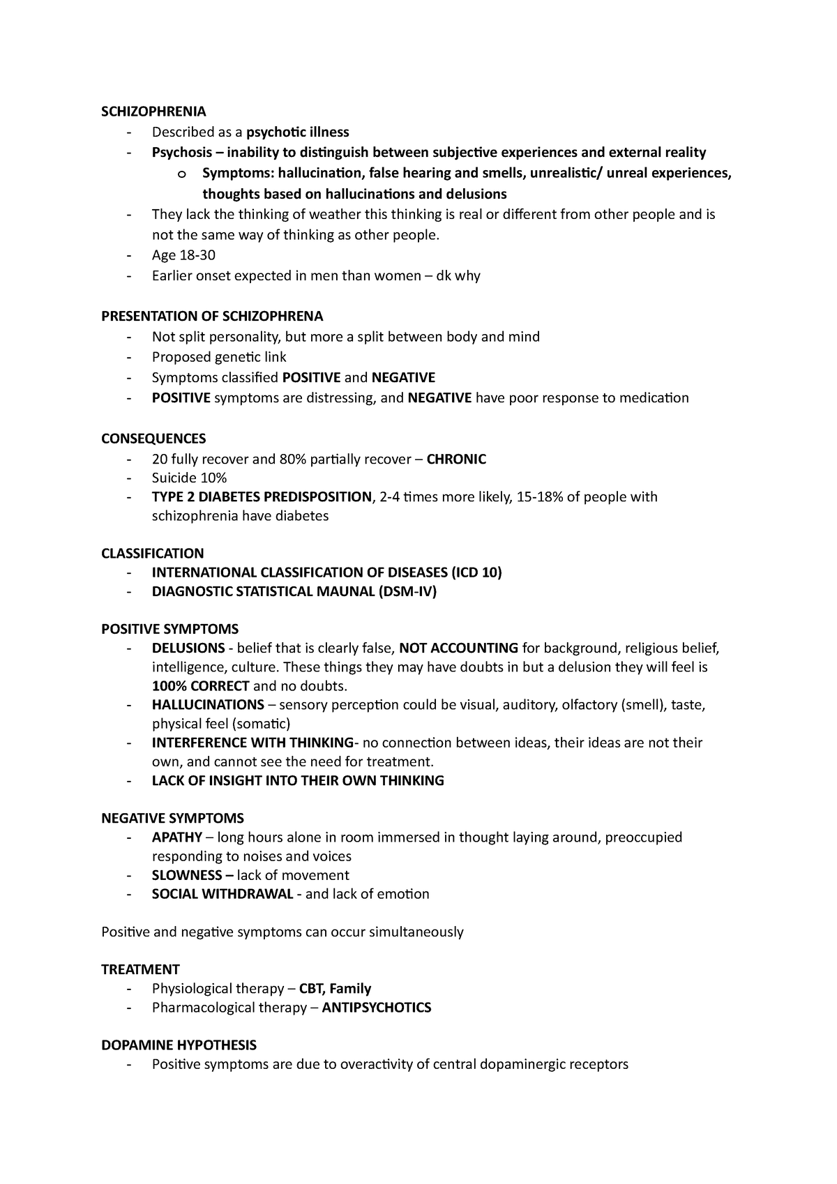 Schizophrenia - pandya notes - SCHIZOPHRENIA Described as a psychotic ...