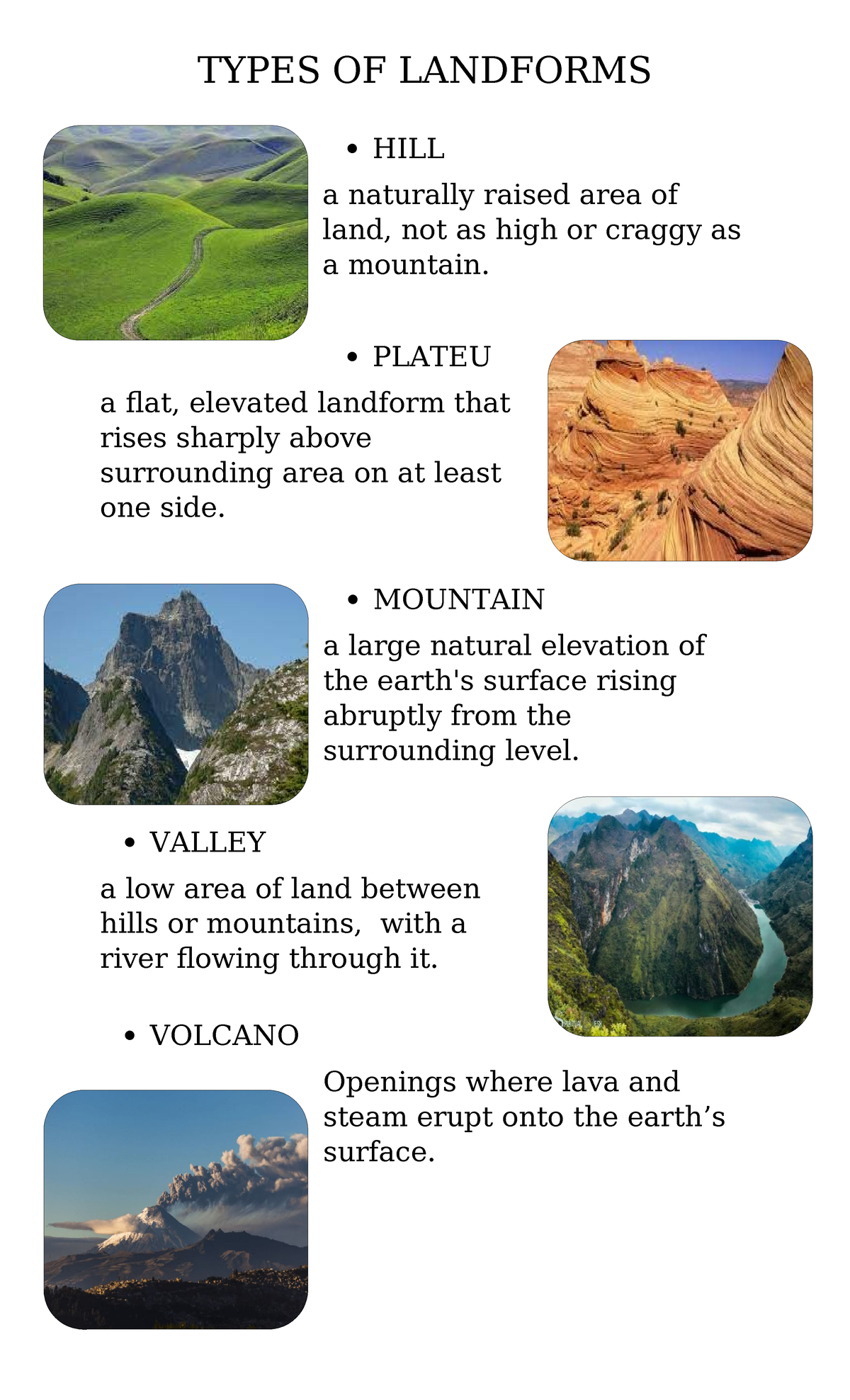 Landforms 1 - TYPES OF LANDFORMS HILL a naturally raised area of land ...