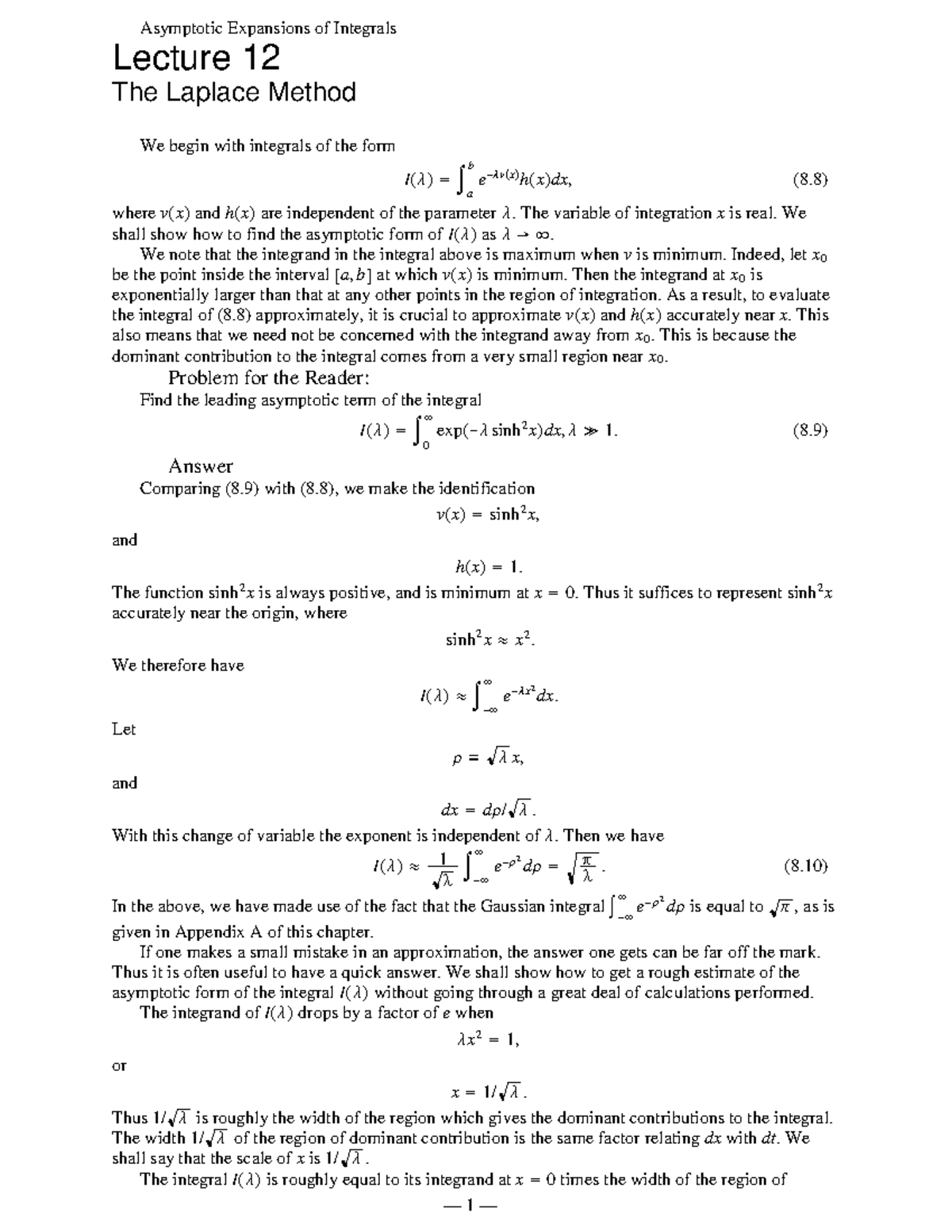 The Laplace Method - Lecture notes 1-2 - Asymptotic Expansions of ...
