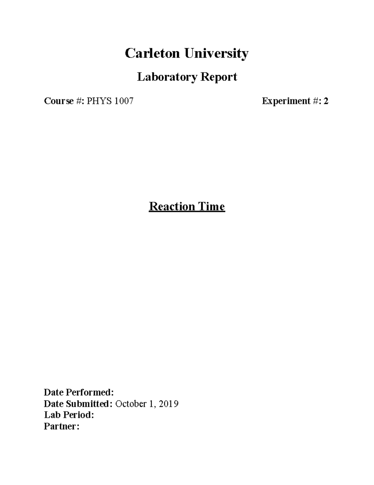 Reaction time lab report Carleton University Laboratory Report Course