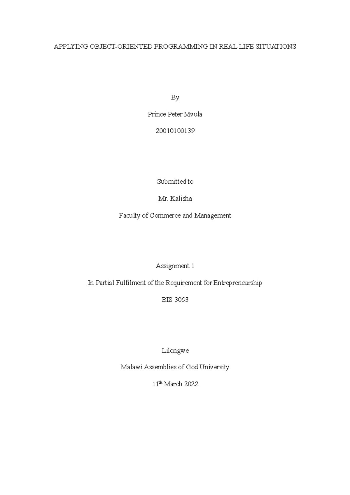 OOP ASGN 1 - APPLYING OBJECT-ORIENTED PROGRAMMING IN REAL LIFE ...