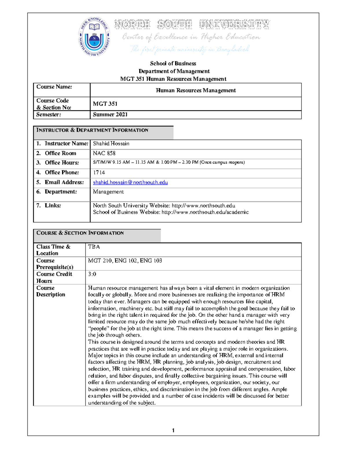 Mgt 351 Course Outline Summer 2021 - School Of Business Department Of ...