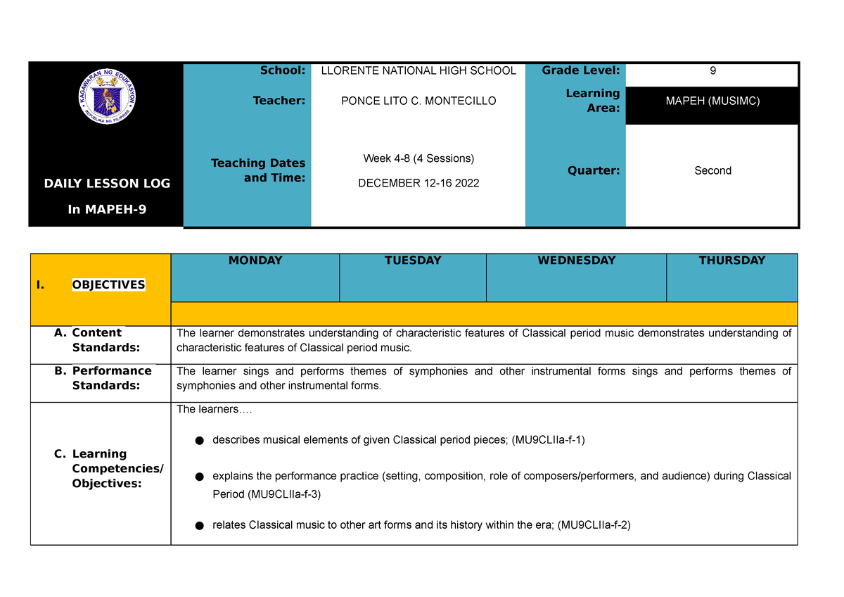 Q2 Dll Music 9 Week4 8 Mmsns Daily Lesson Log In Mapeh School