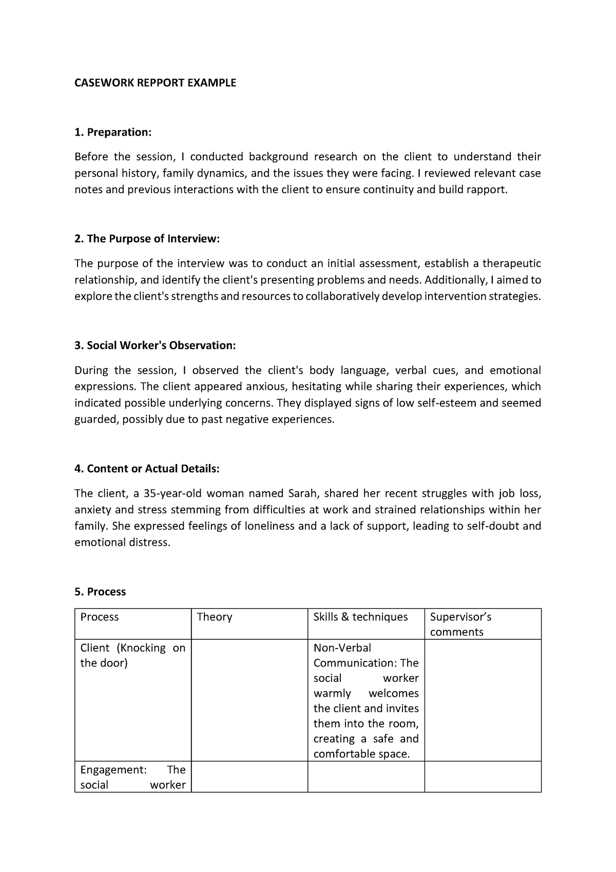 Casework Repport Example - CASEWORK REPPORT EXAMPLE Preparation: Before ...