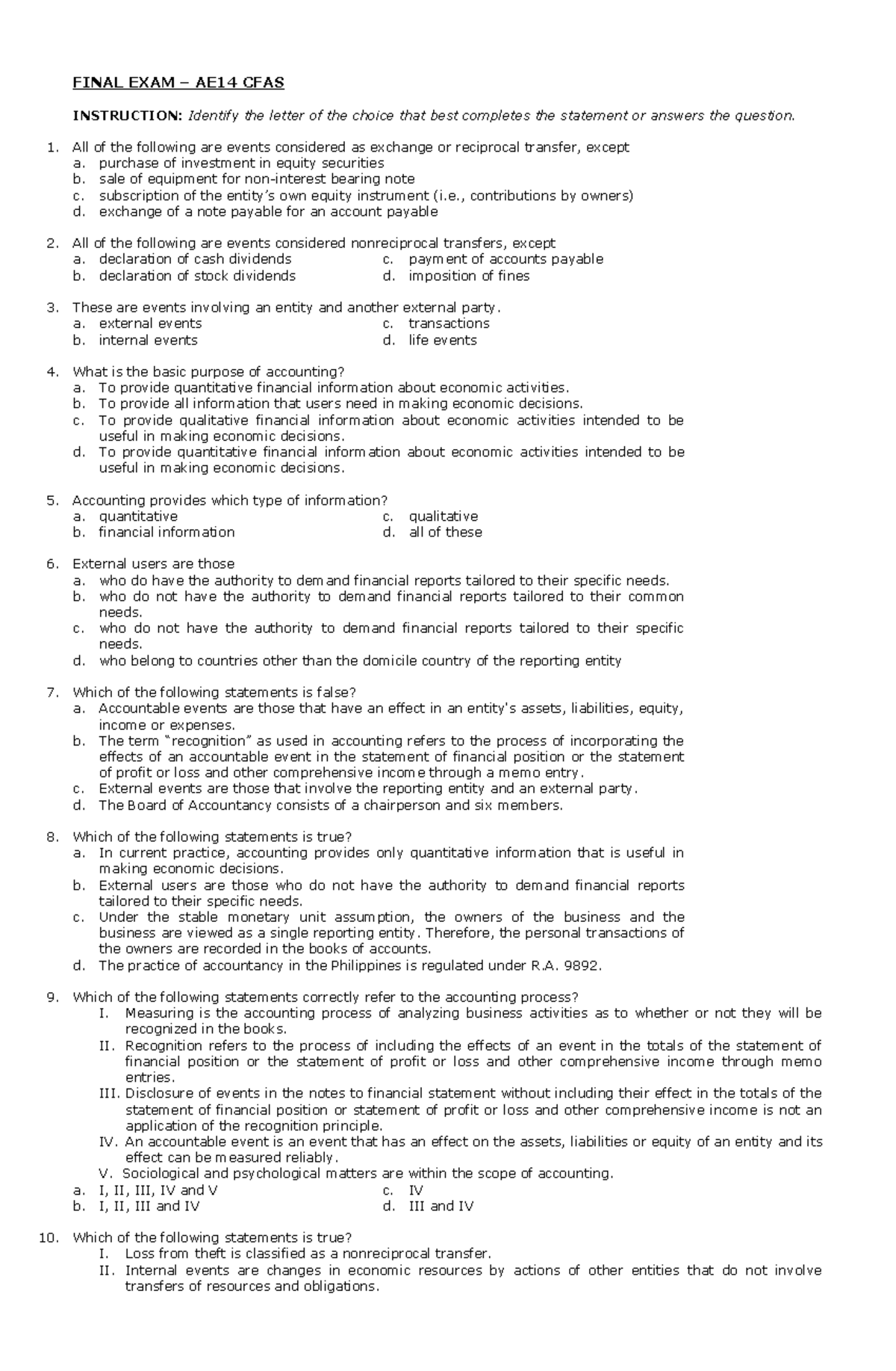 CFAS Raw Mats 03 (Overview Of Acctng & Conc. Frame - FINAL EXAM – AE14 ...