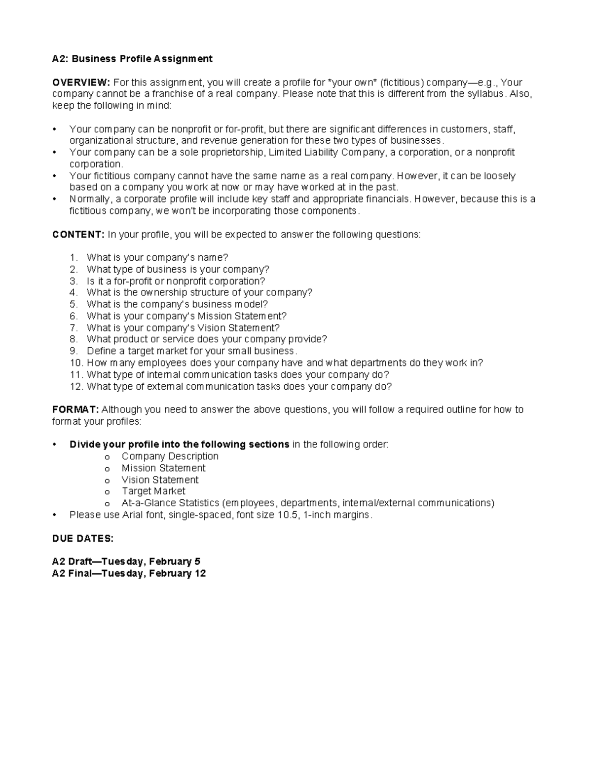 A2 business profile assignment - A2: Business Profile Assignment ...