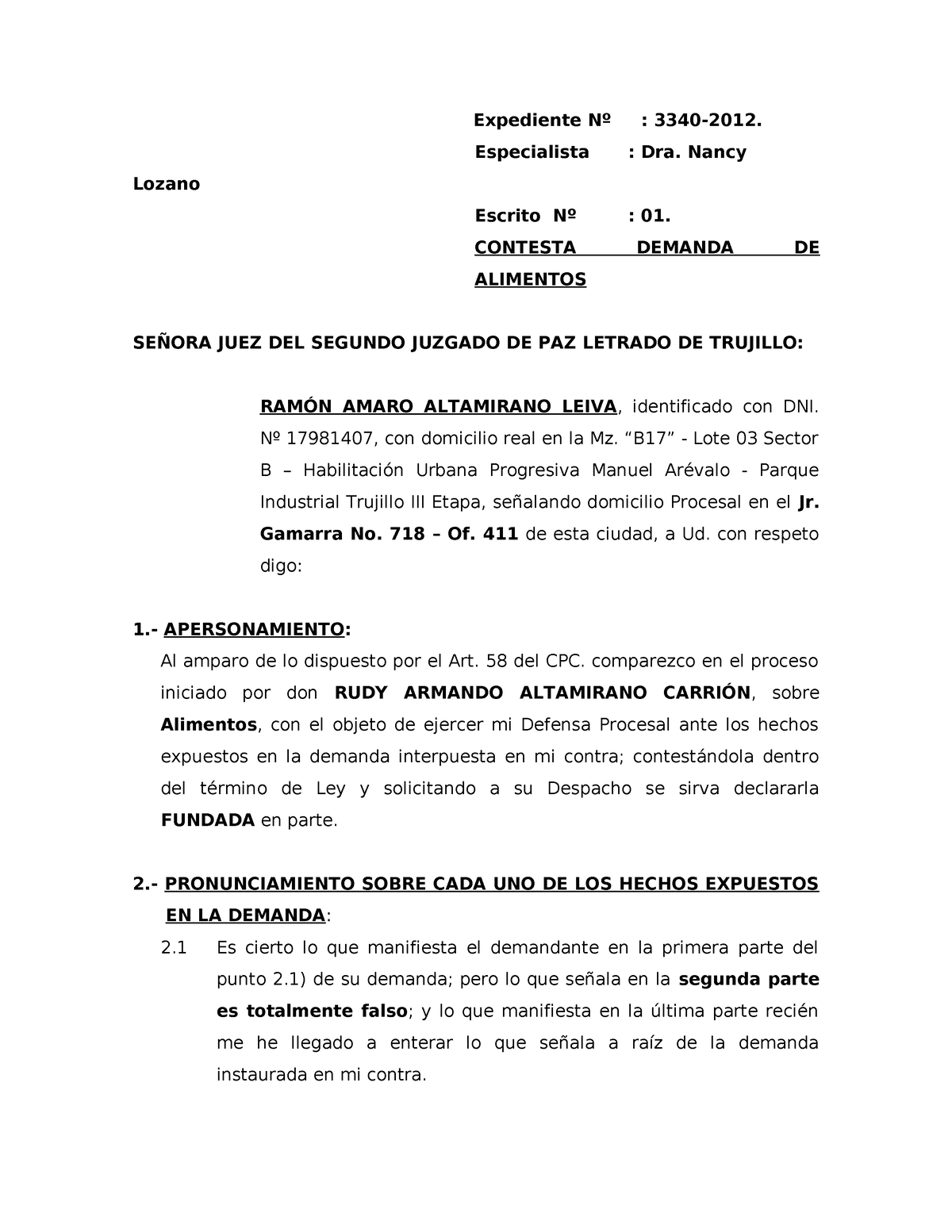 Contestación Ramón Altamirano - Expediente Nº : 3340-2012. Especialista ...