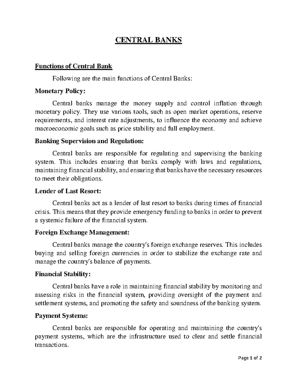 Central banking Page 1 of 2 CENTRAL BANKS Functions of Central Bank