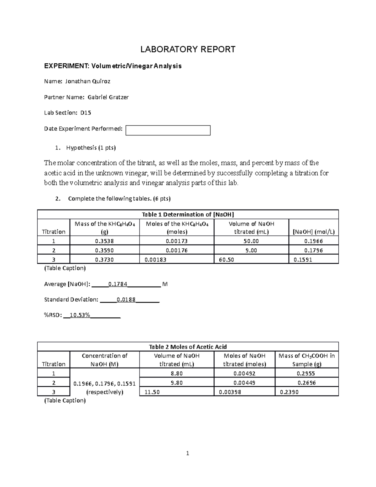 Exp 9 10 Acid Base Lab Report New - LABORATORY REPORT EXPERIMENT ...