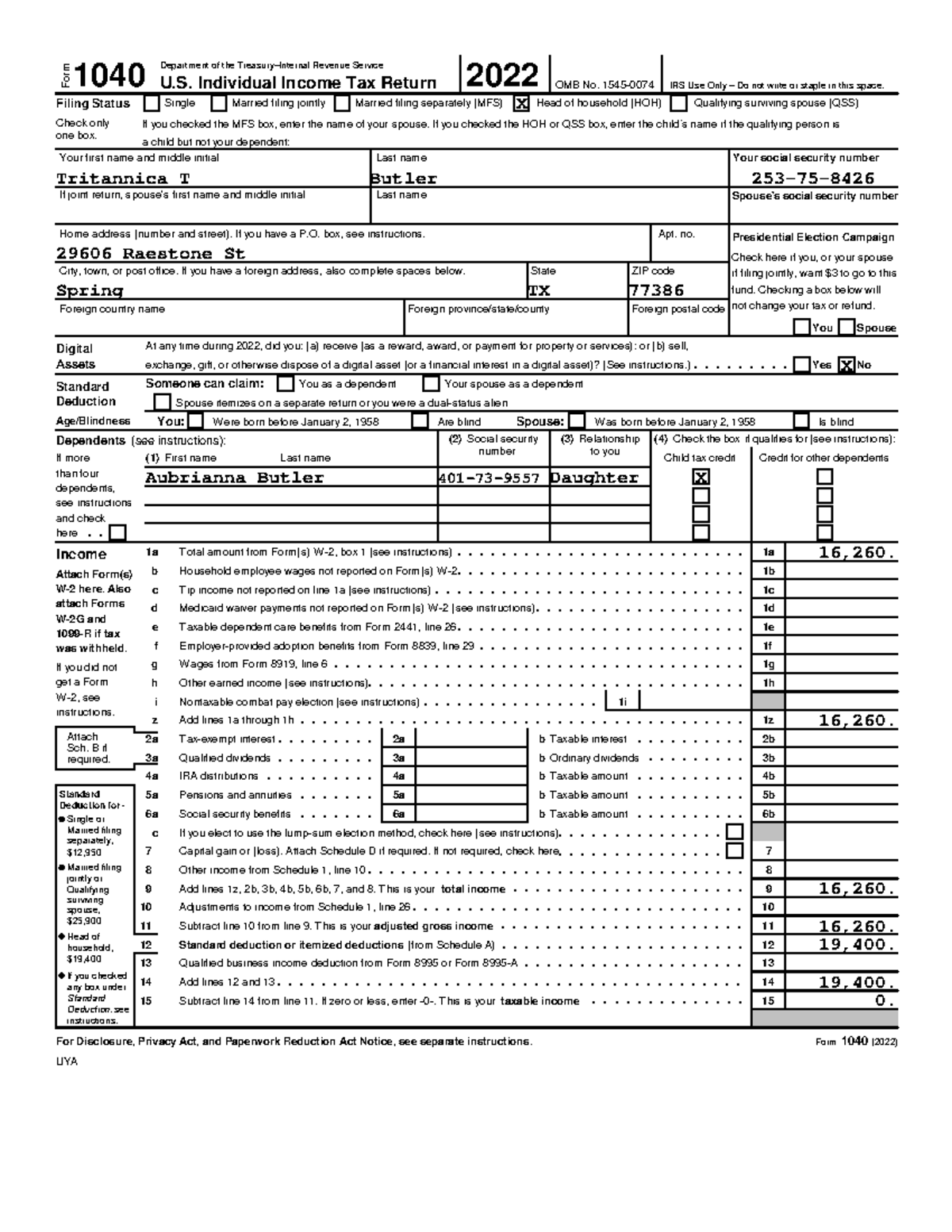 2022 W2 - Na Helps - Form 10402022 Department Of The Treasury–internal 