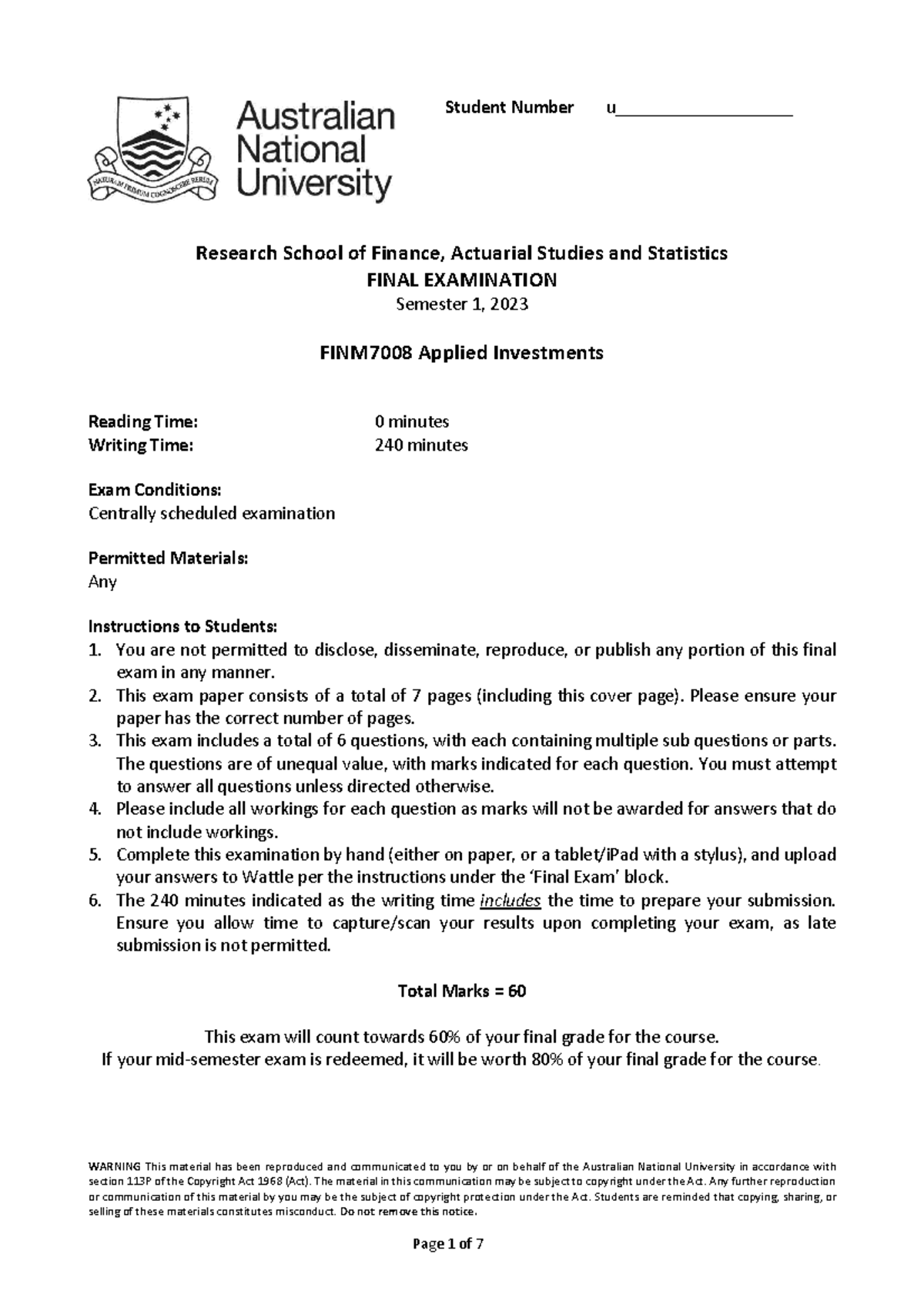 FINM7008 Final Exam - note - WARNING This material has been reproduced ...