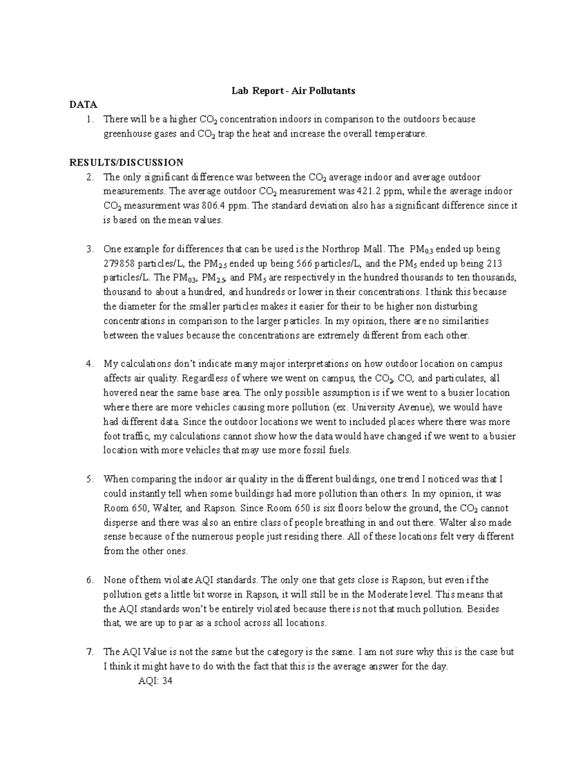 Air Pollutants Lab Report - Lab Report - Air Pollutants DATA There will ...