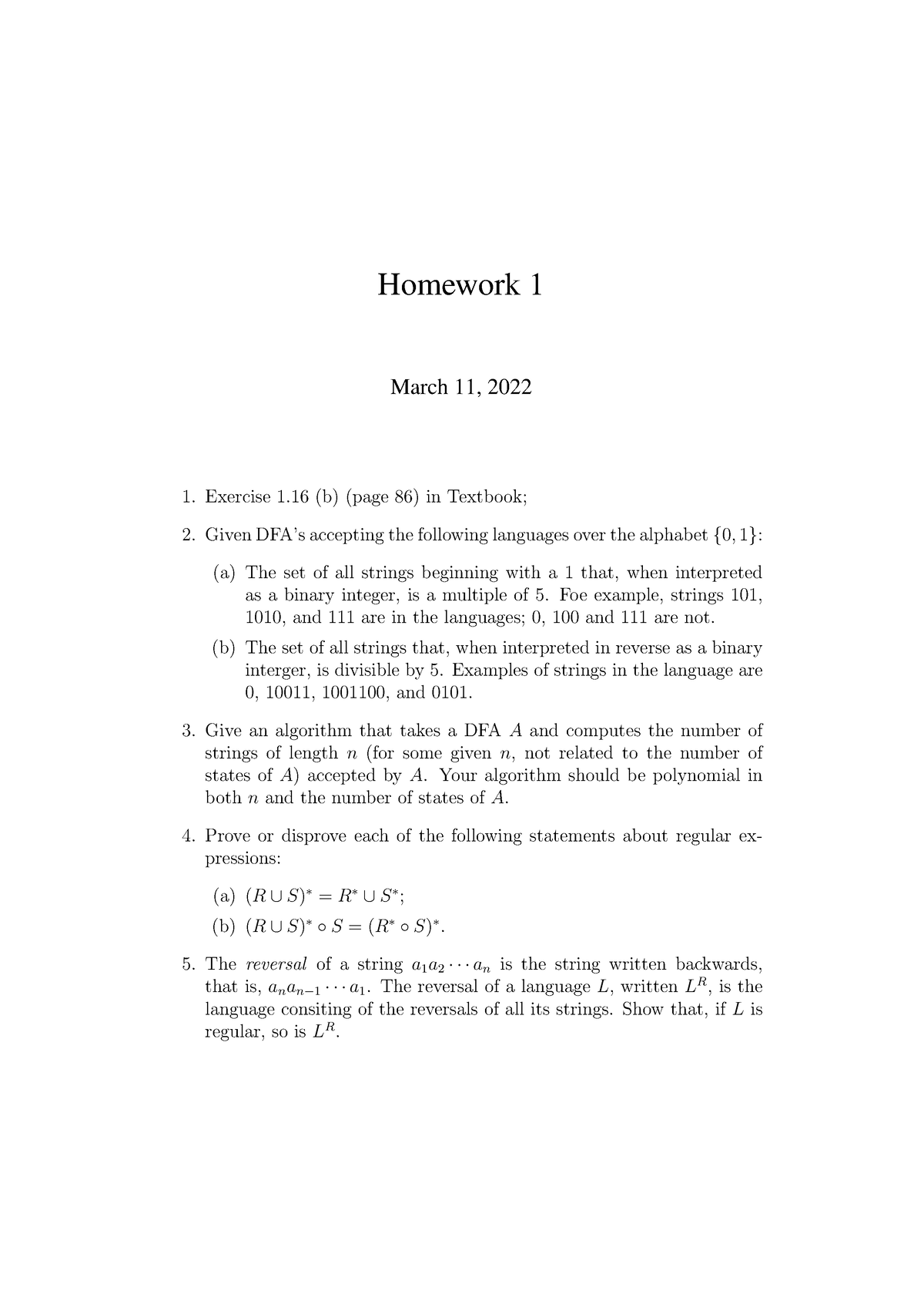 To C - Homework 1 - Homework 1 March 11, 2022 Exercise 1 (b) (page 86 ...