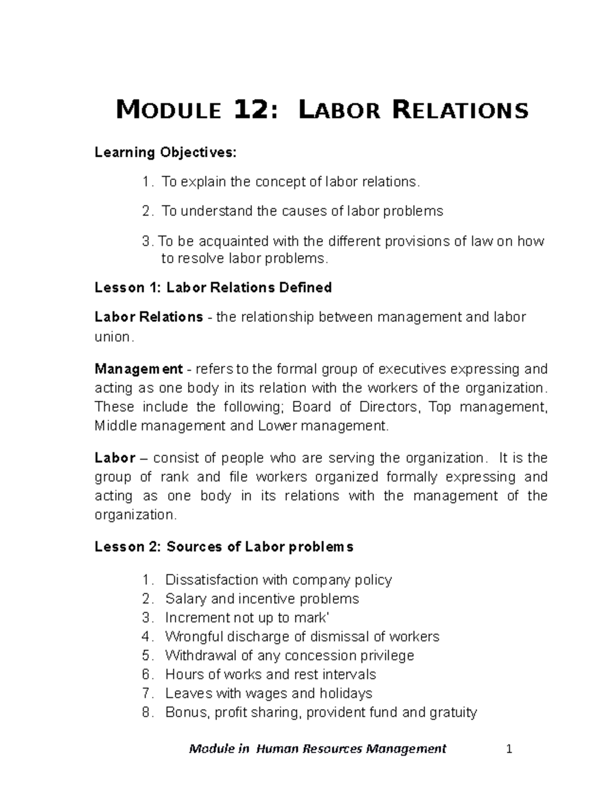 HRM... Lecture NOTE - Module 12: Labor Relations. The Concept Of Labor ...