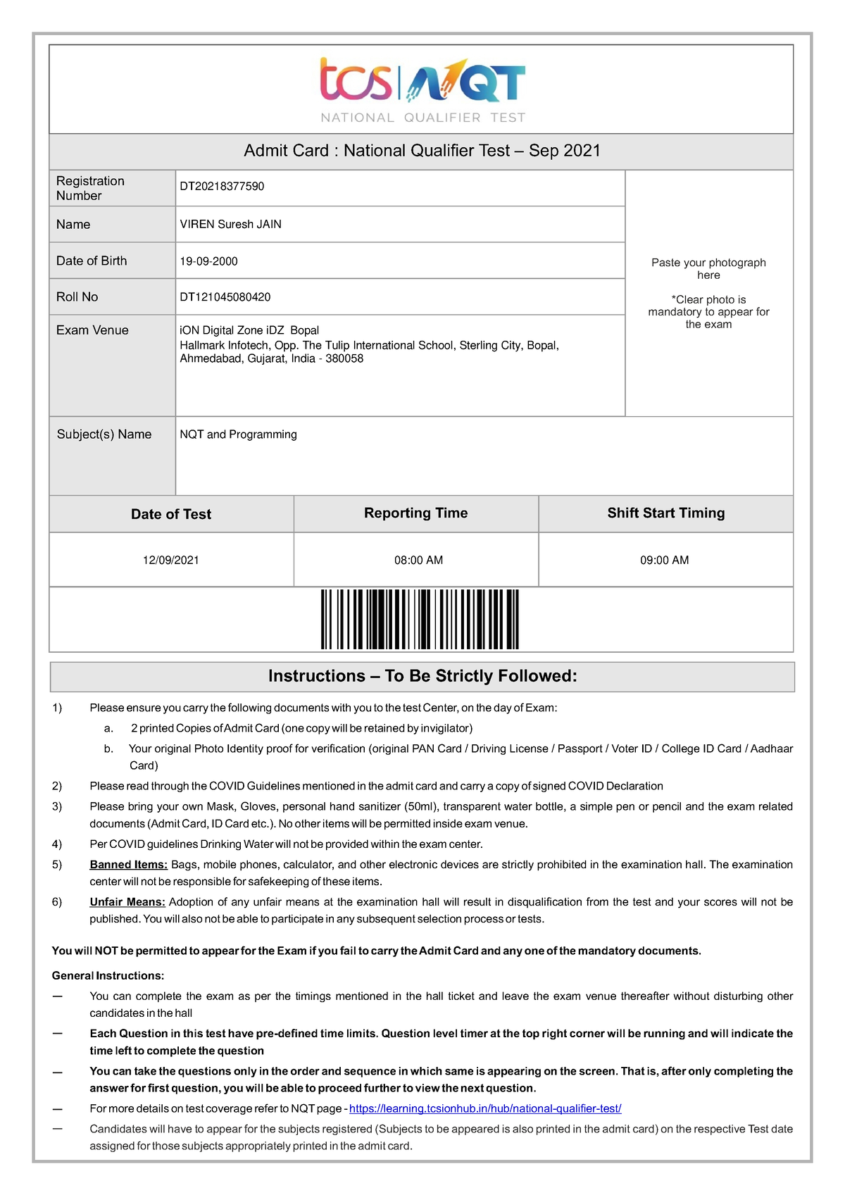 TCS - Good - Instructions – To Be Strictly Followed: Admit Card ...