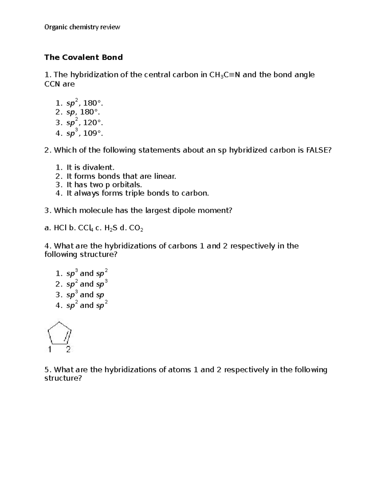 Organic Chemistry Review: Covalent Bond Hybridization Dipole Moment ...