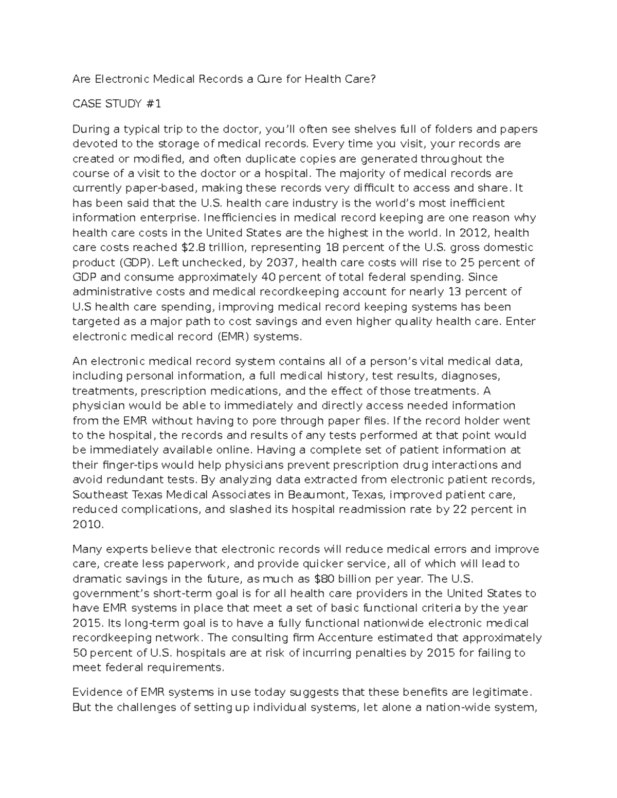 Casestudy1unit1managementareelectronicmedicalrecordsacure