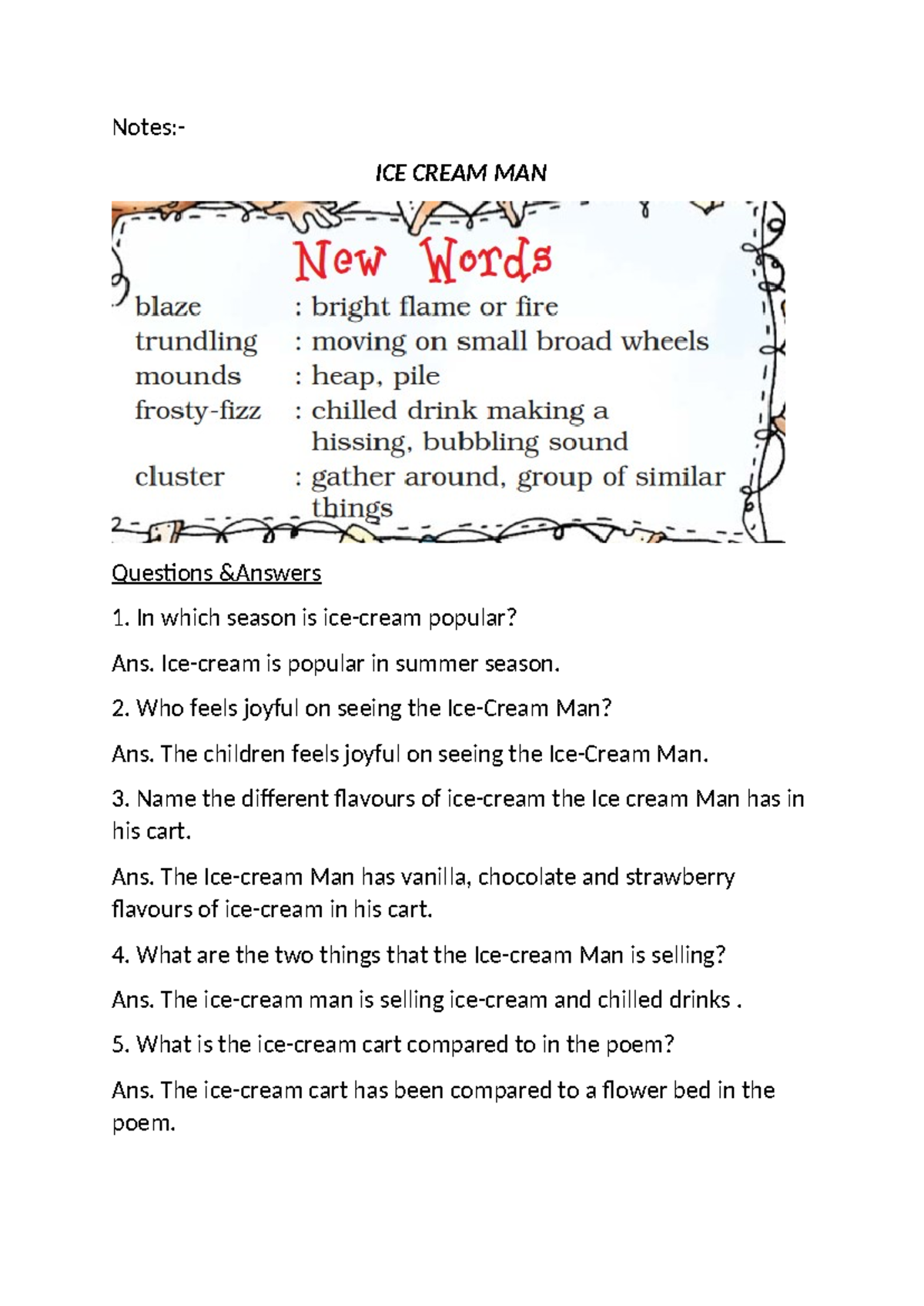 Ice cream man question and answers Notes ICE CREAM MAN Questions