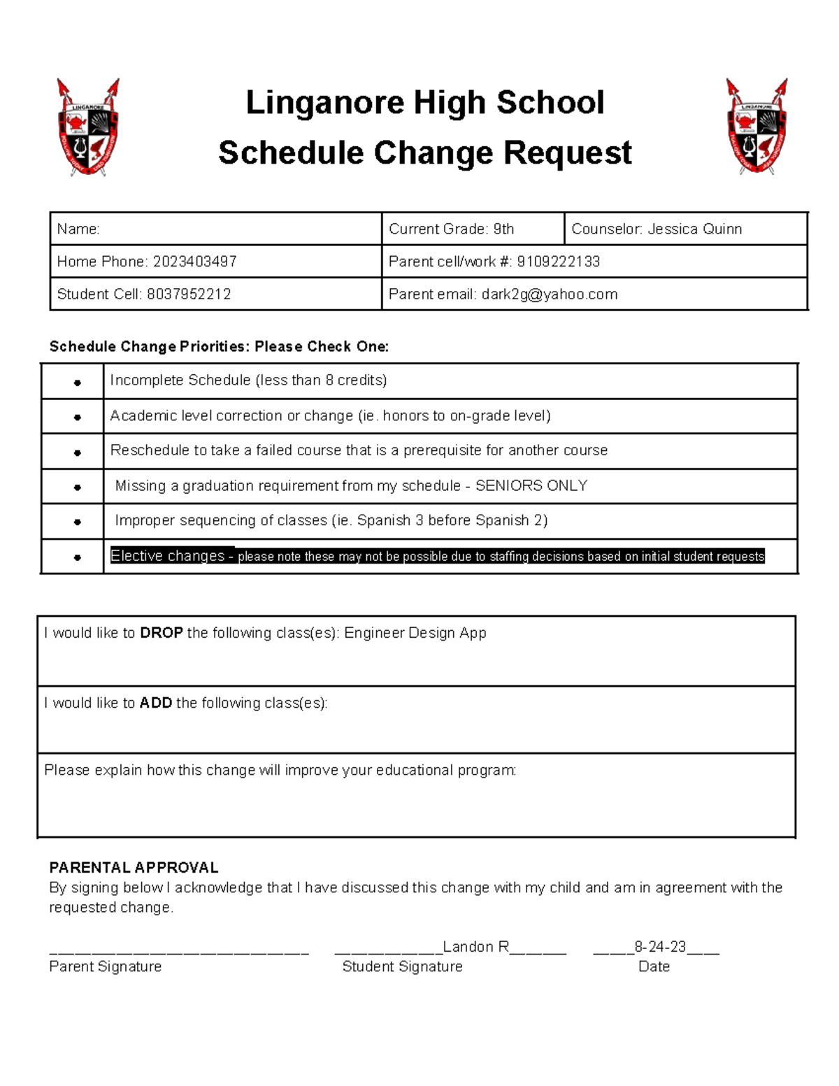 Copy of schedule change request 2 Linganore High School Schedule