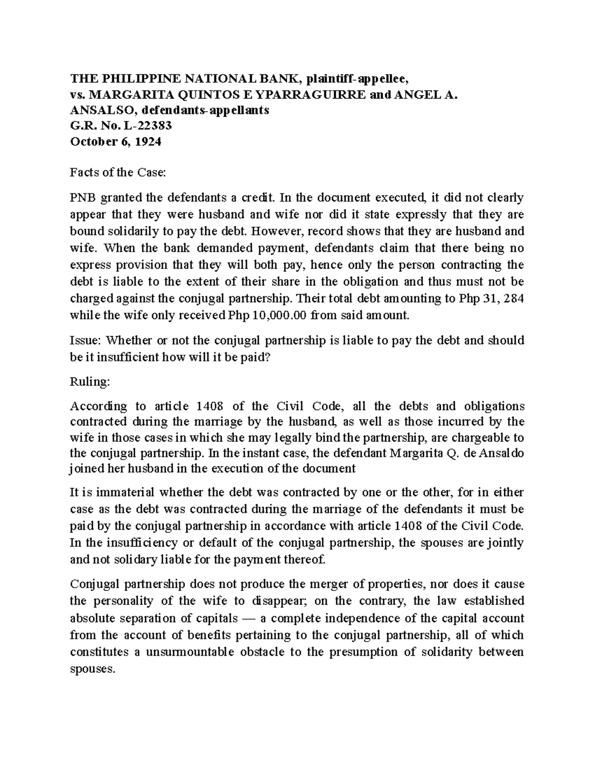 Pnb v. quintos case digest THE PHILIPPINE NATIONAL BANK, plaintiff