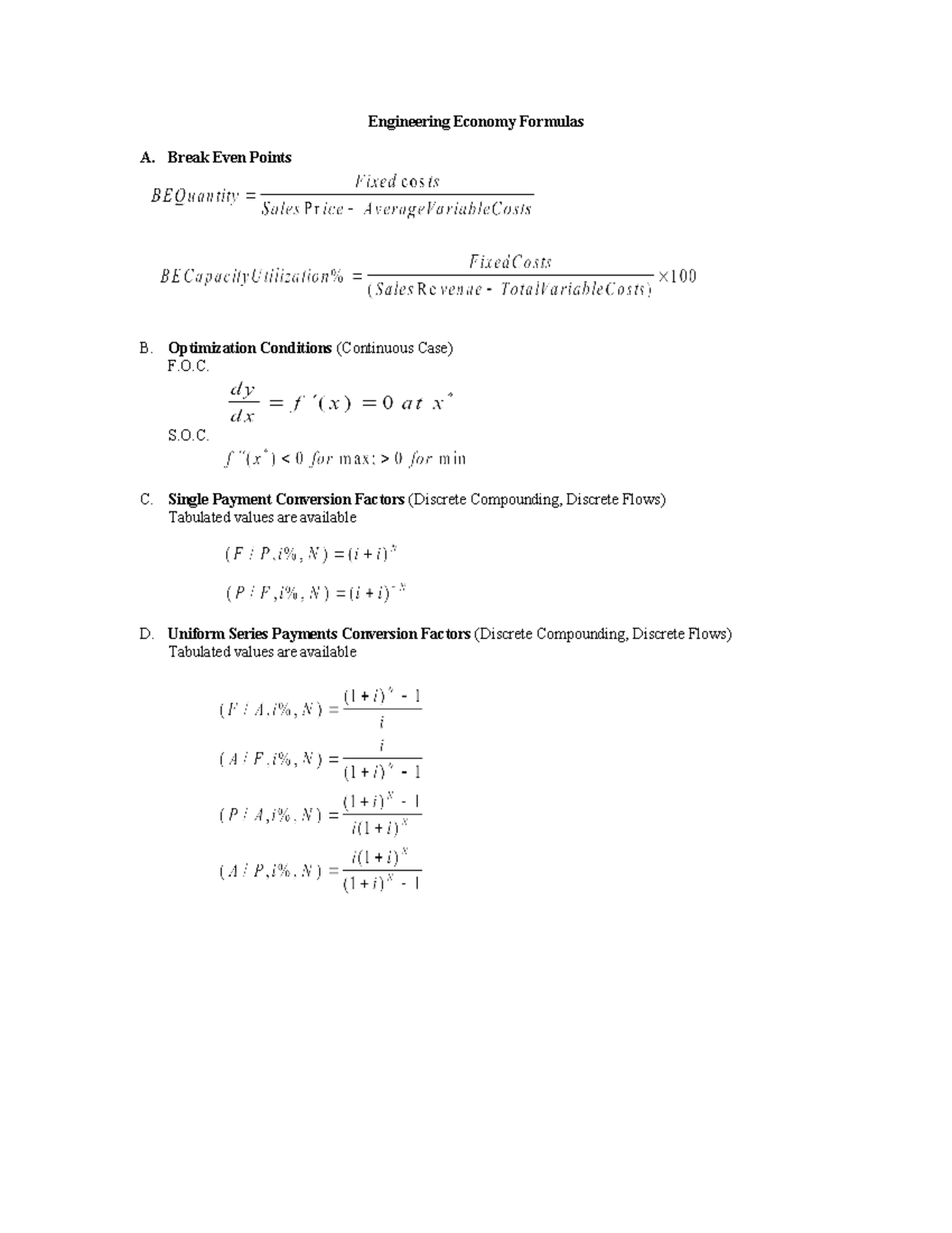 Engineering Economics Formulas Engineering Economy Formulas A. Break