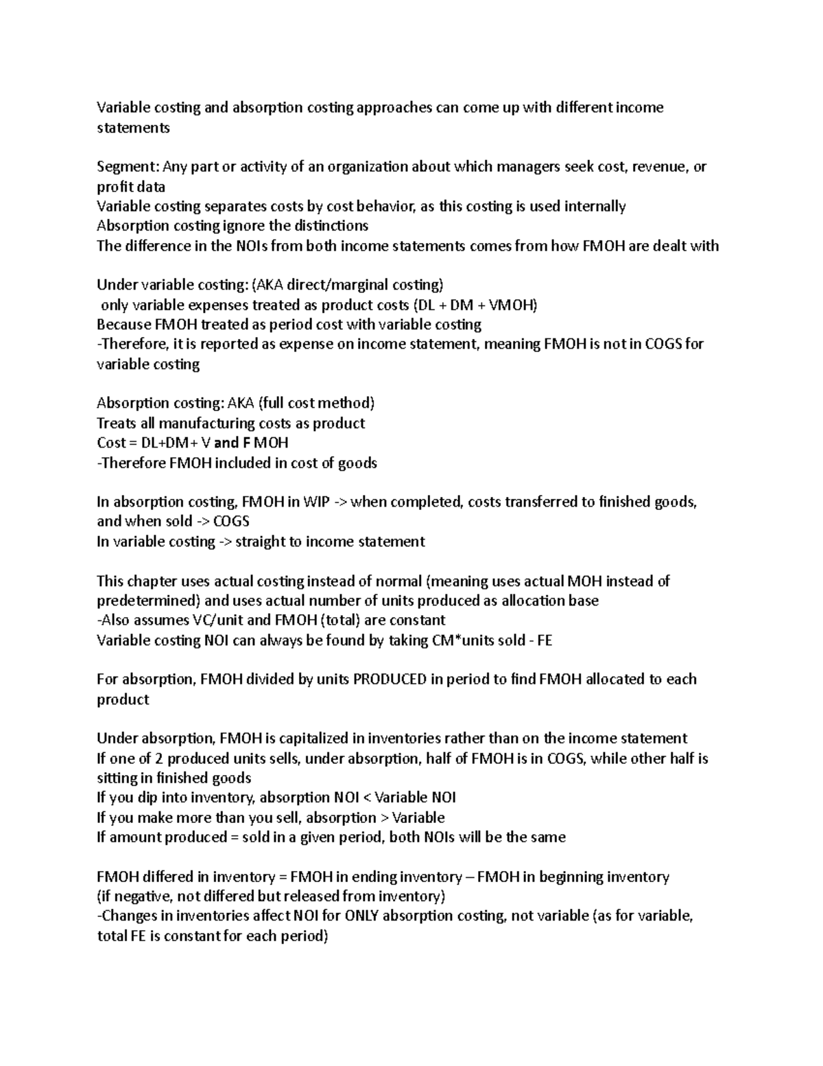 Chapter 6 VC+ AC Notes - Variable costing and absorption costing ...