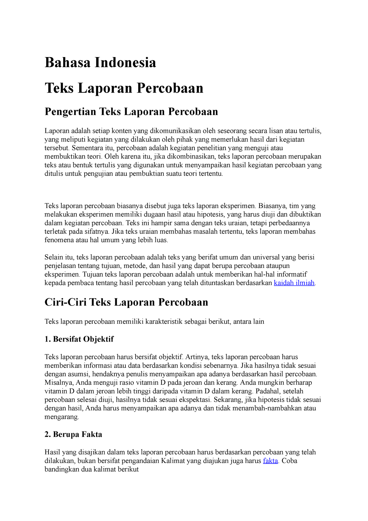 Bahasa Indonesia - Teks Laporan Percobaan - Bahasa Indonesia Teks ...