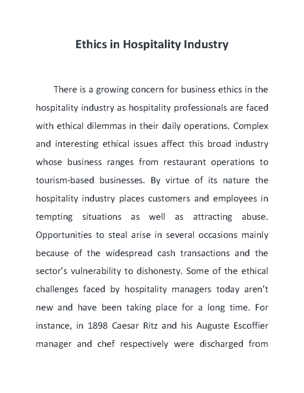 ethics in hospitality industry essay