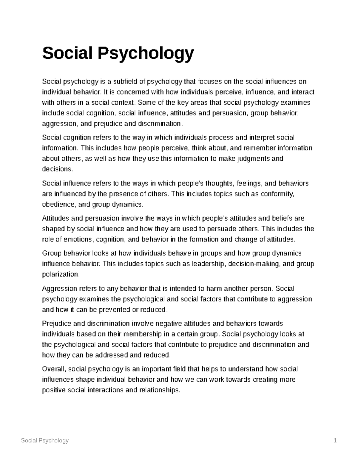 Social Psychology - Notes - Social Psychology 1 Social Psychology ...