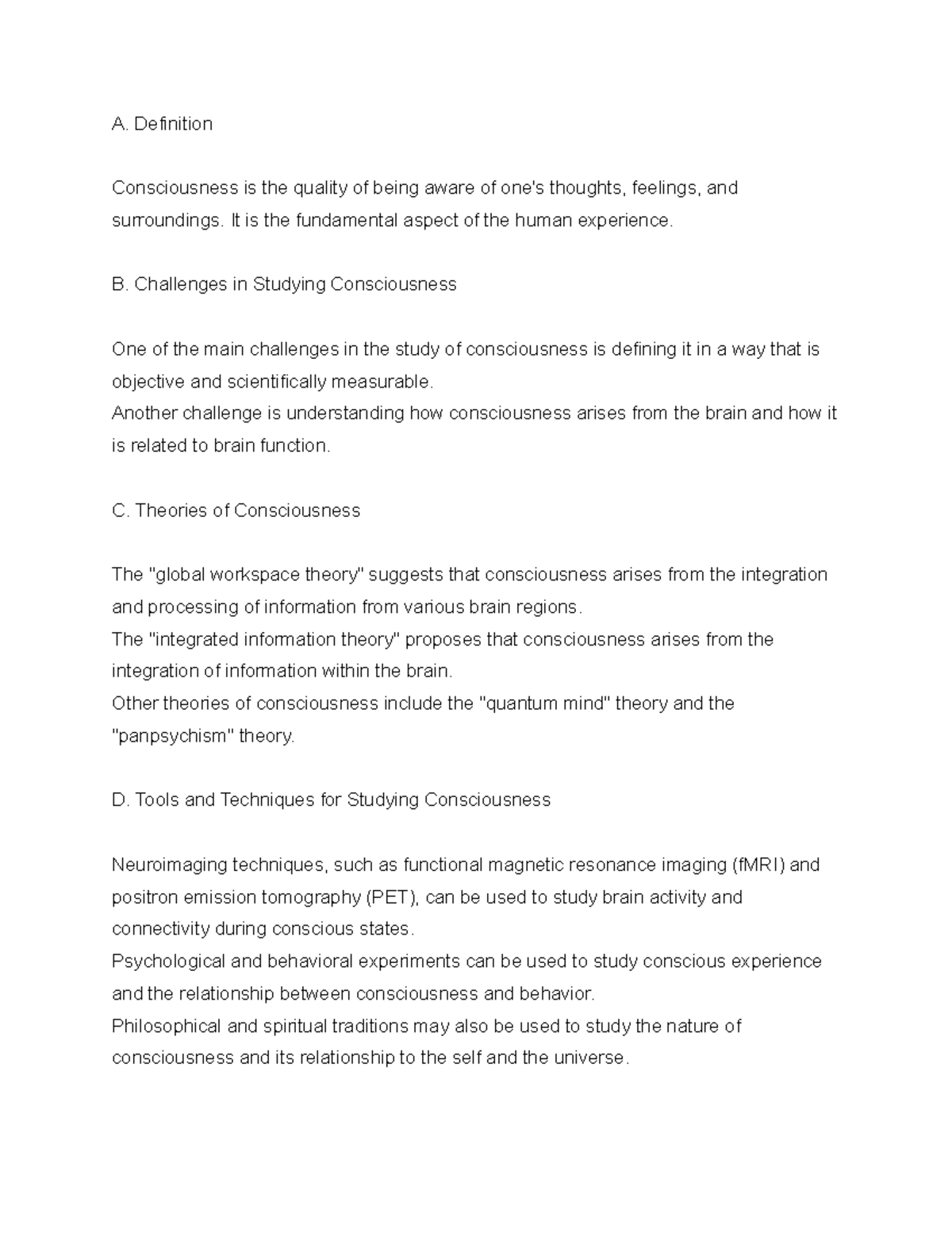 Consciousness study guide - A. Definition Consciousness is the quality ...