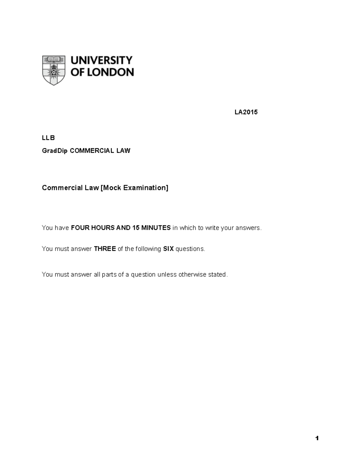 Commercial mock exam 2023 - LA201 5 LLB GradDip COMMERCIAL LAW ...