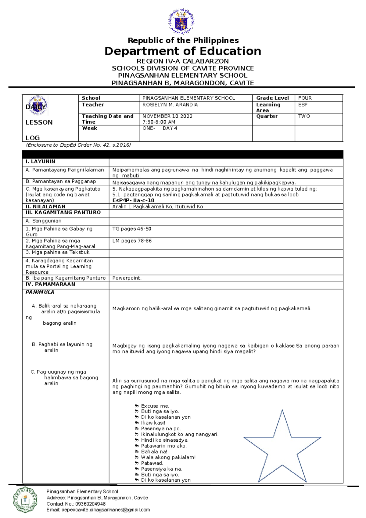 DLL Q2 Es P Wk1 Day 4 - Notes - Pinagsanhan Elementary School Address ...