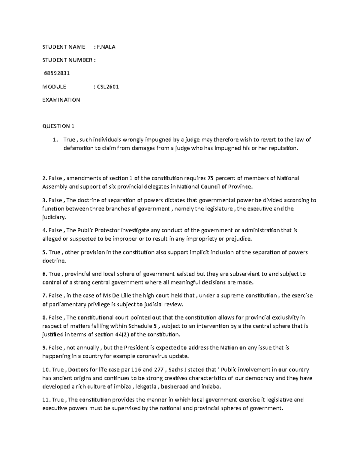 Cslexam previous exam script - STUDENT NAME : F STUDENT NUMBER ...