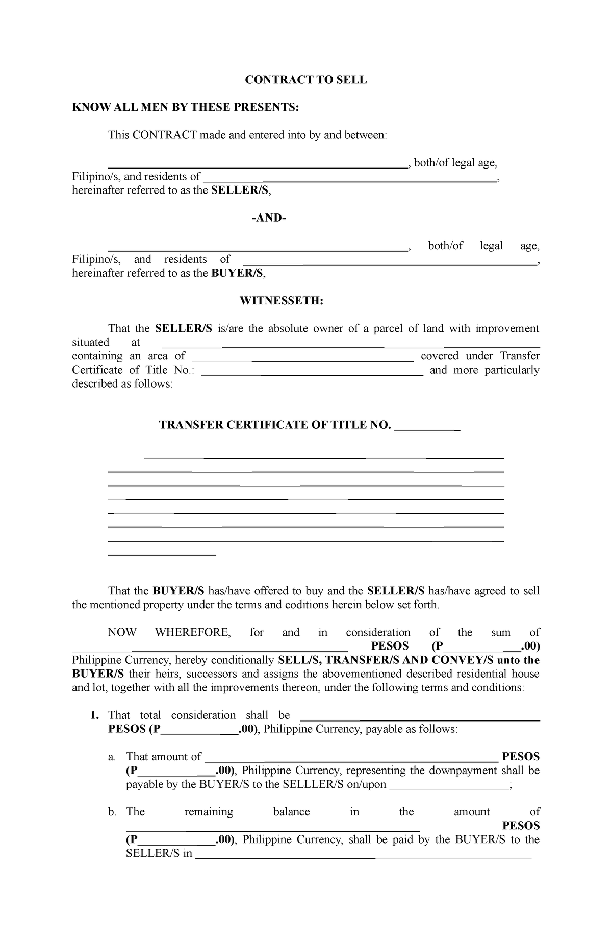 Contract To Sell Blank Form Updated - Contract To Sell Know All Men By 