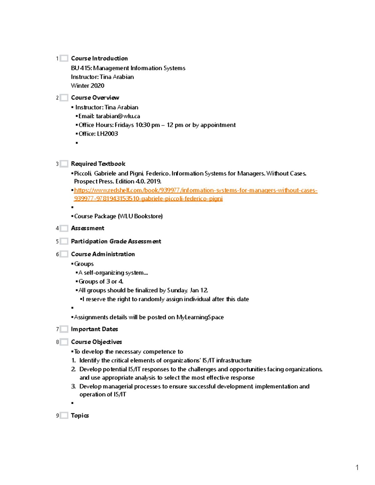 Chapter 1 - Lecture notes 1 - 1 Course Introduction BU 415: Management ...