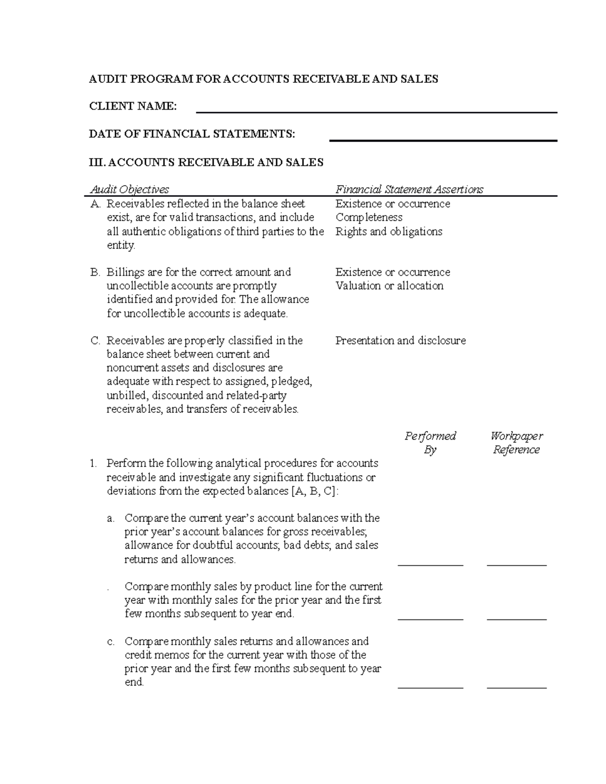 Documents- Audit Program FOR Accounts Receivable AND Sales - AUDIT ...