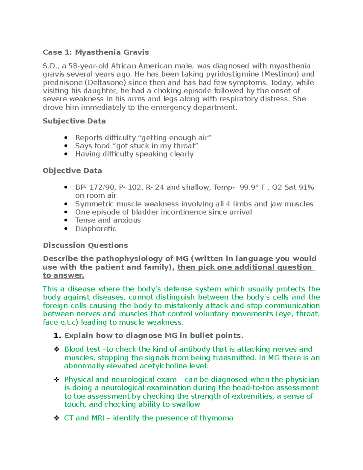 Neurological case study Case 1 Myasthenia Gravis S., a 58yearold
